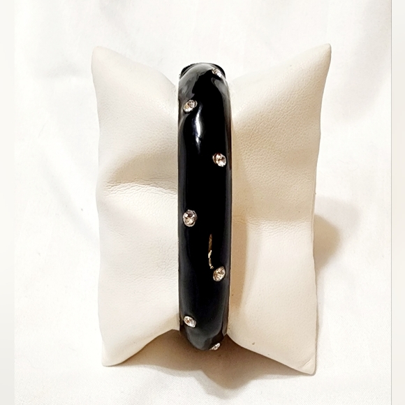 2 Hinge Bangle Bracelets Black Enamel w/Crystals & Bamboo Silvertone w/Crystals - Picture 3 of 13